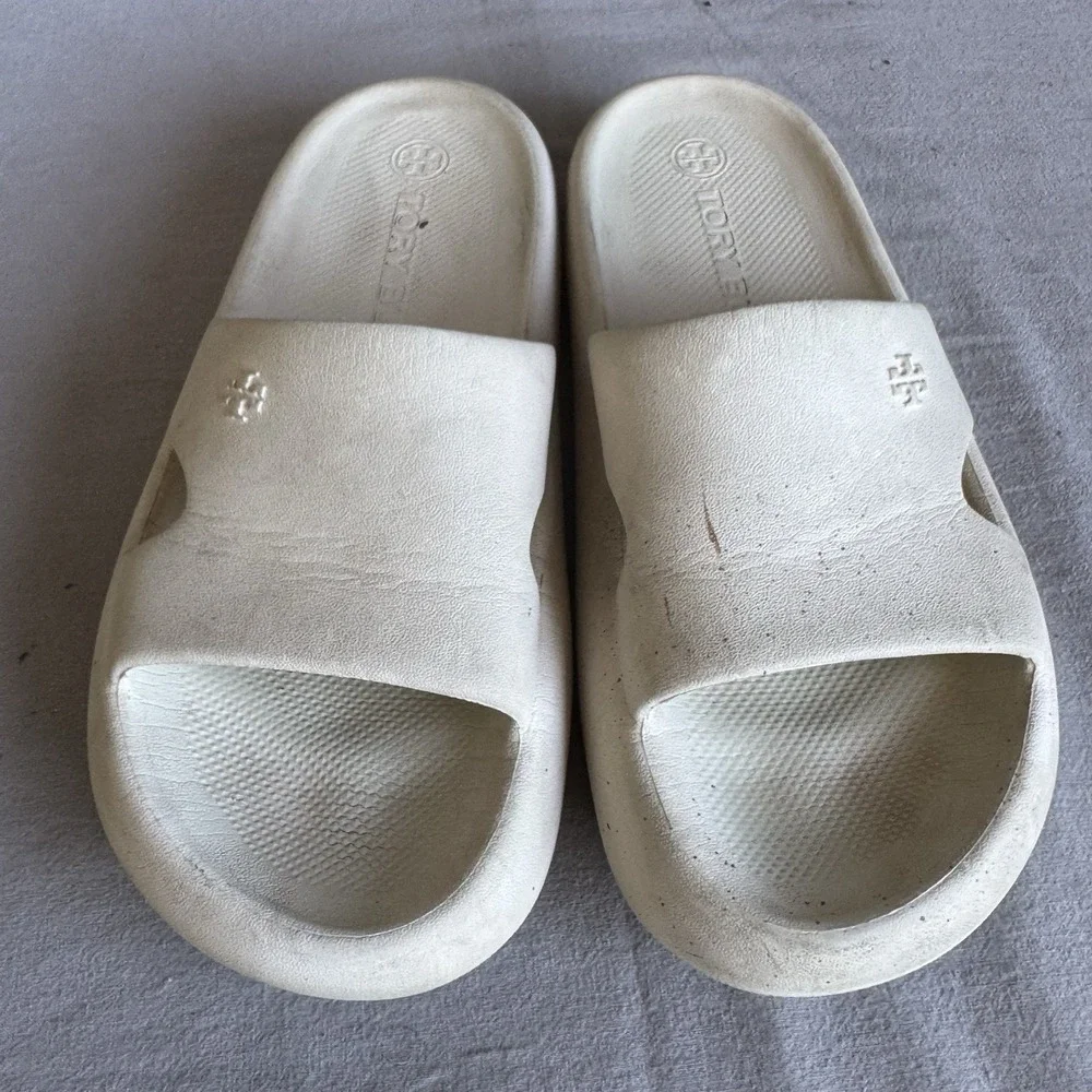 Size 7b - Tory Burch Women's Beige Shower Slide Sandals Slip-On Pool Logo Shoes